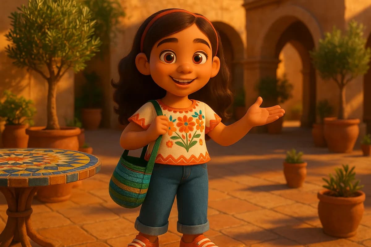 A 3D animated character exploring a sunny Barcelona tapas restaurant terrace with colorful tiled tables and olive trees