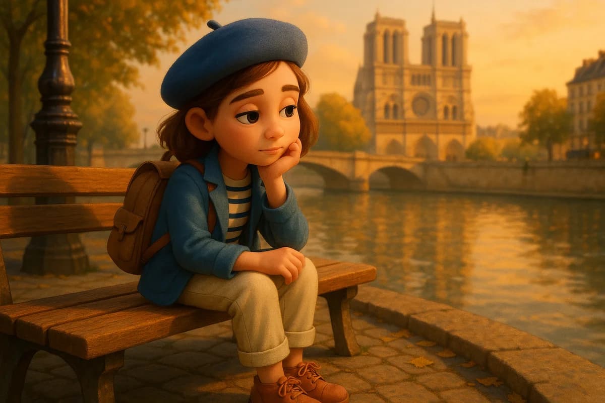 A 3D animated character sitting thoughtfully on a bench along the Seine River in Paris with Notre-Dame in the background