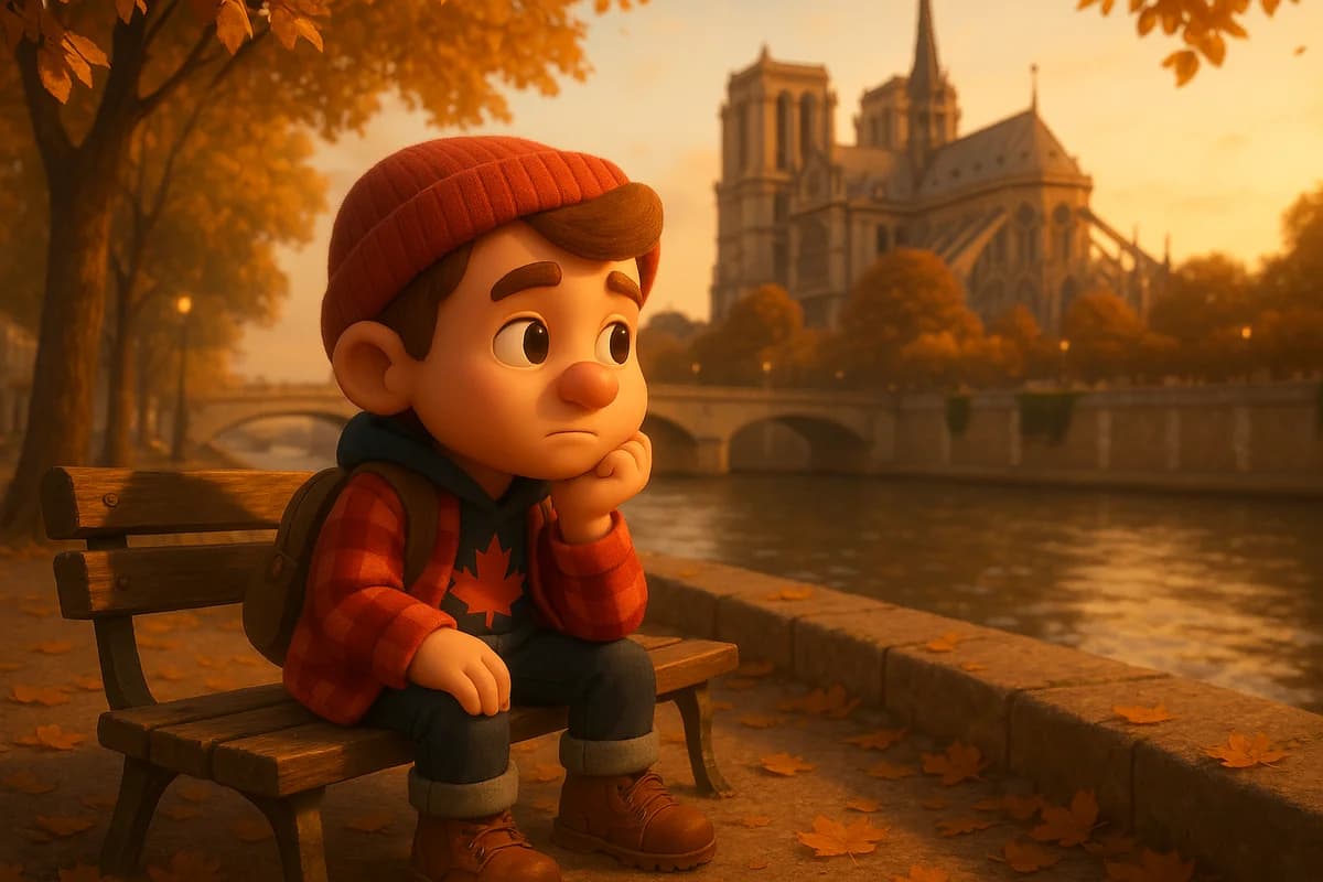 A 3D animated character sitting thoughtfully on a bench along the Seine River in Paris with Notre-Dame in the background