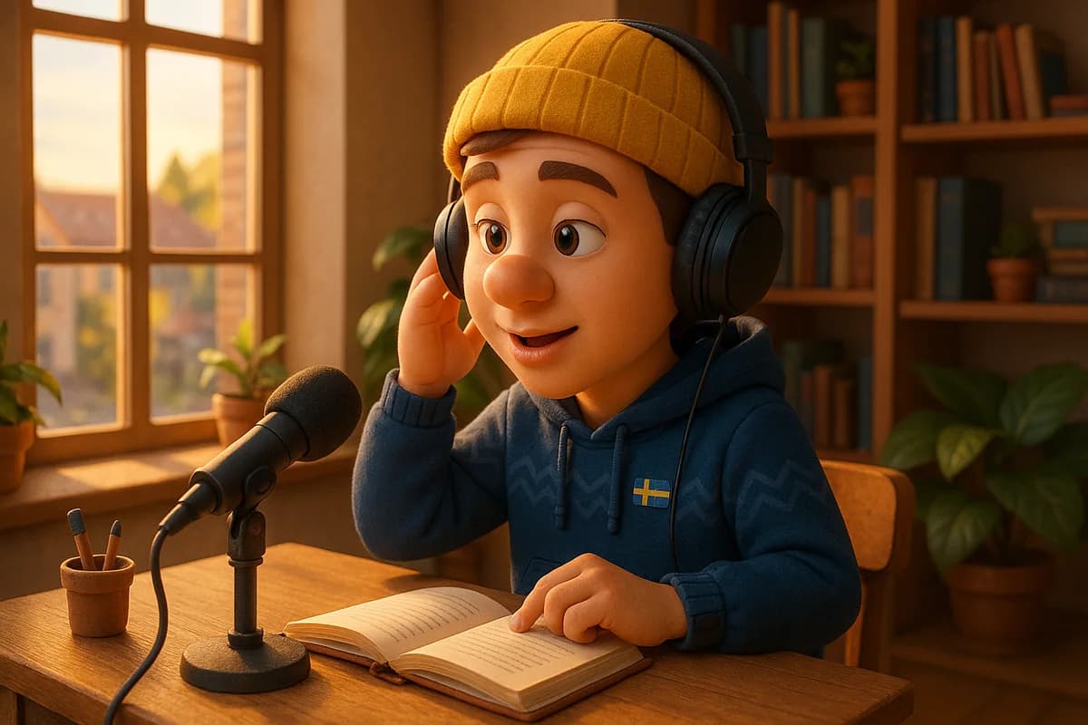 A 3D animated character practicing pronunciation with headphones in a bright, modern language studio