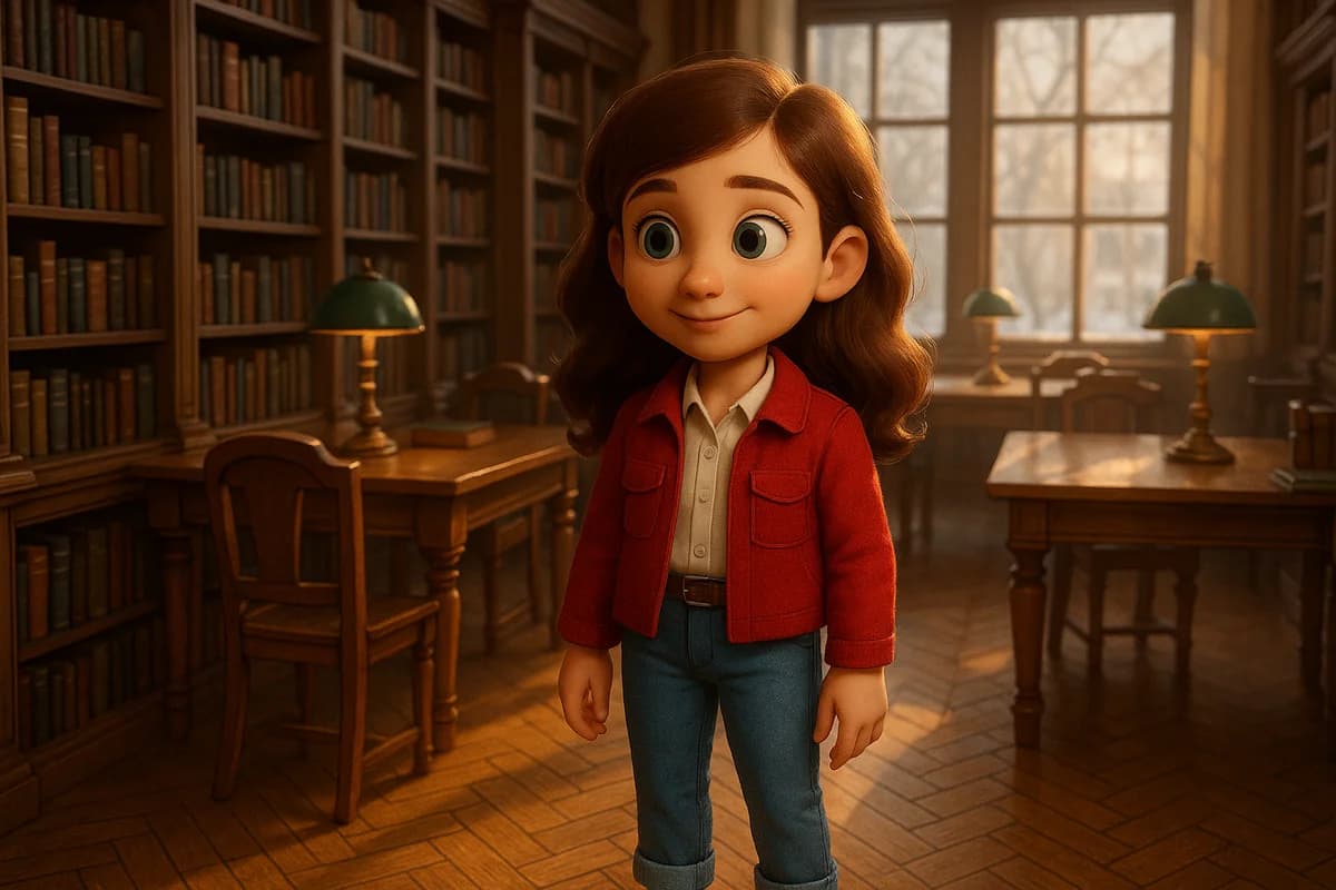 A 3D animated character practicing pronunciation with headphones in a bright, modern language studio