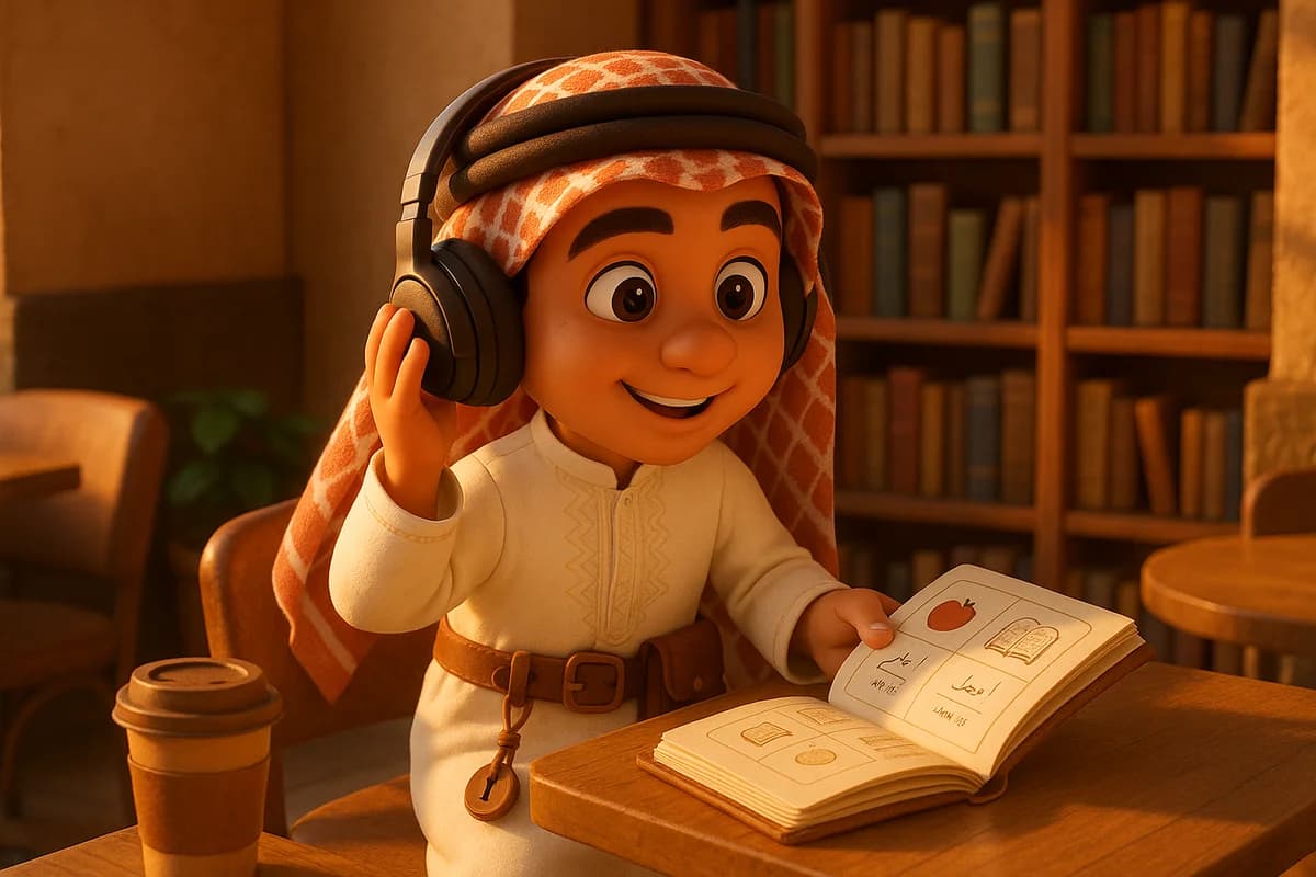 A 3D animated character wearing headphones while studying at a cozy café with warm lighting