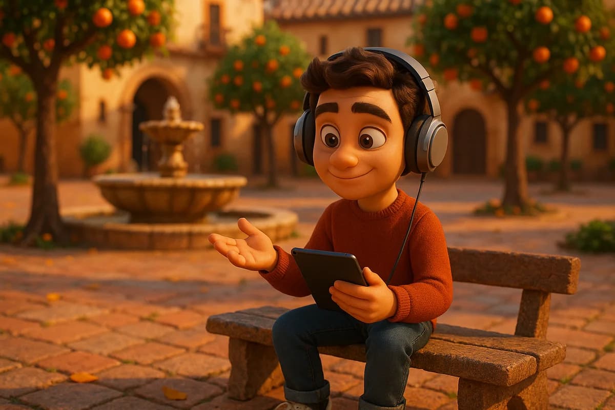 A 3D animated character wearing headphones while studying at a cozy café with warm lighting