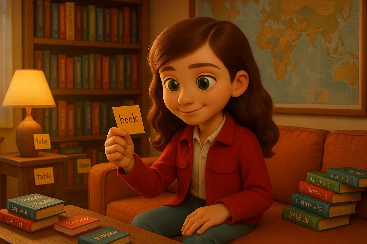 A 3D animated character in a cozy living room surrounded by foreign-language books, sticky notes, and a world map