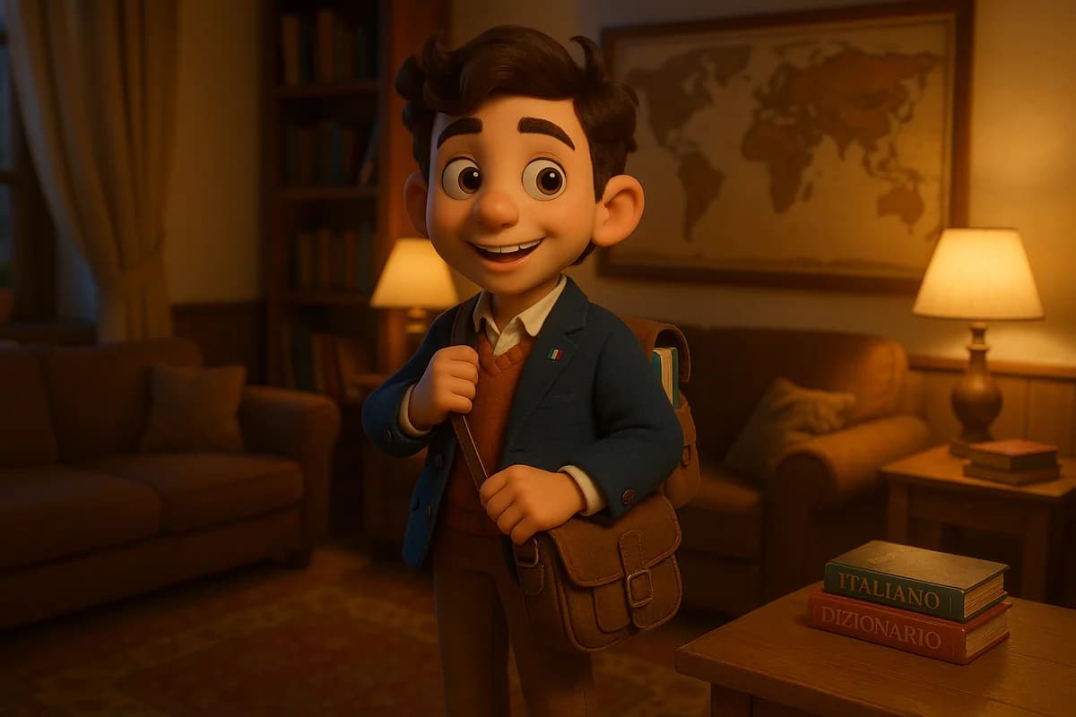 A 3D animated character in a cozy living room surrounded by foreign-language books, sticky notes, and a world map