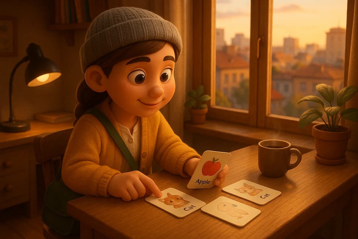 A 3D animated character studying flashcards at a cozy home office desk with a sunset cityscape visible through the window