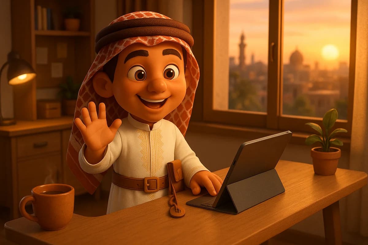 A 3D animated character studying flashcards at a cozy home office desk with a sunset cityscape visible through the window