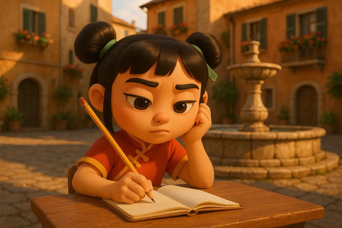 A 3D animated character in a charming Italian piazza with a fountain, warm terracotta buildings, and flowering balconies