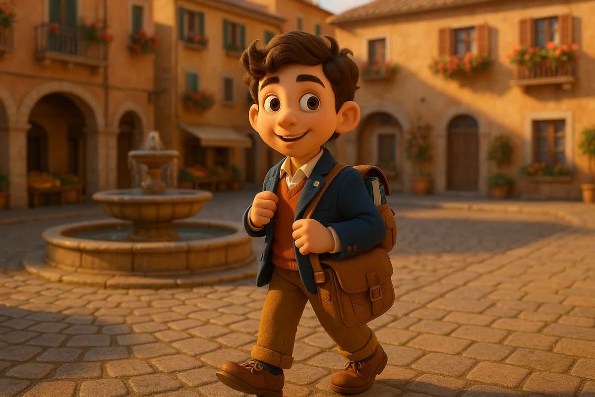 A 3D animated character in a charming Italian piazza with a fountain, warm terracotta buildings, and flowering balconies