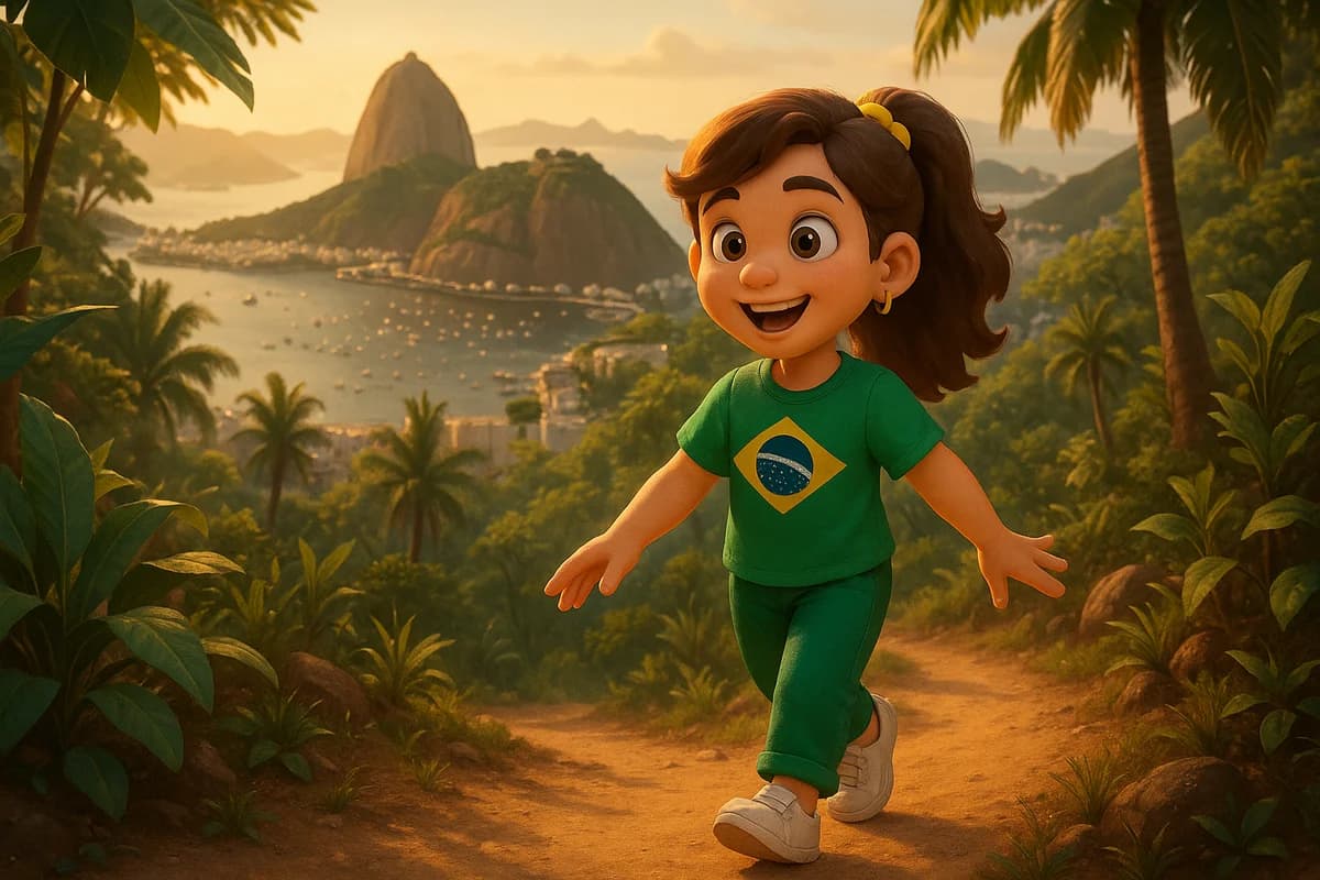 A 3D animated character hiking up a scenic trail overlooking Rio de Janeiro with Sugarloaf Mountain in the background