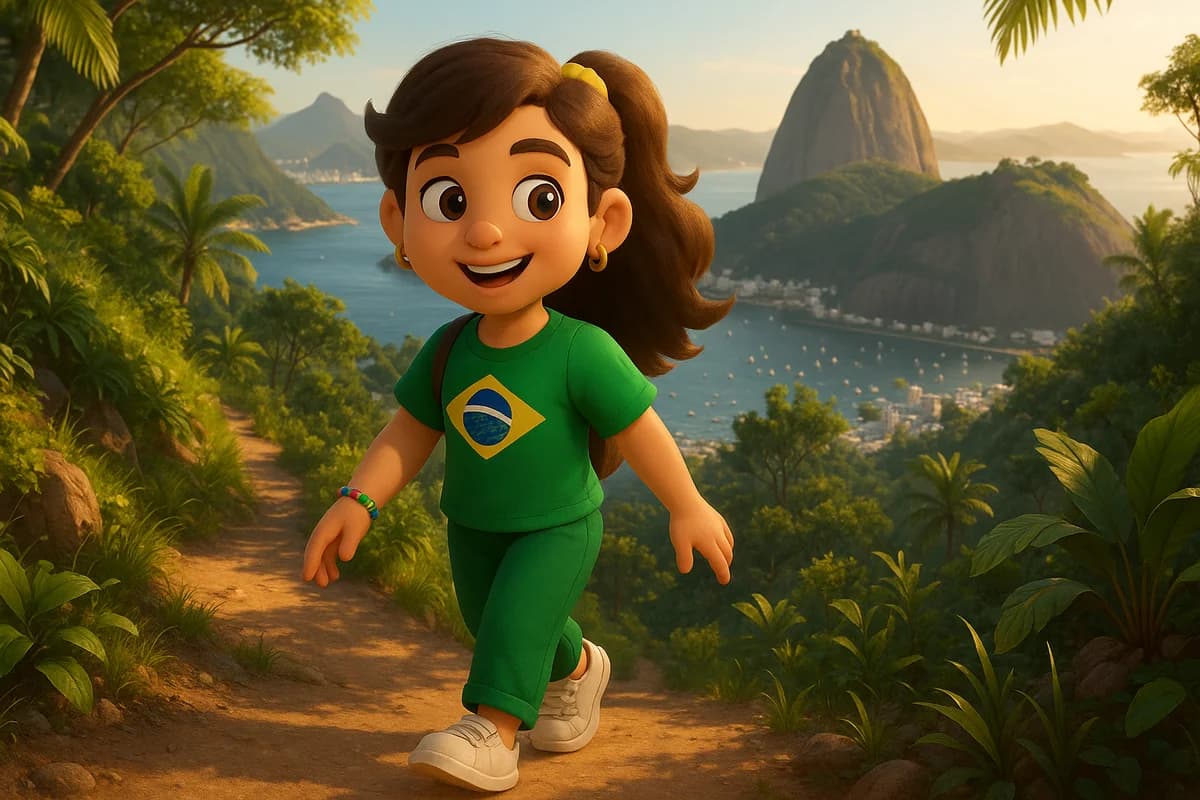 A 3D animated character hiking up a scenic trail overlooking Rio de Janeiro with Sugarloaf Mountain in the background