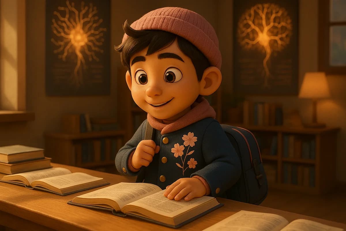 A 3D animated character in a modern neuroscience lab with brain scan displays and books