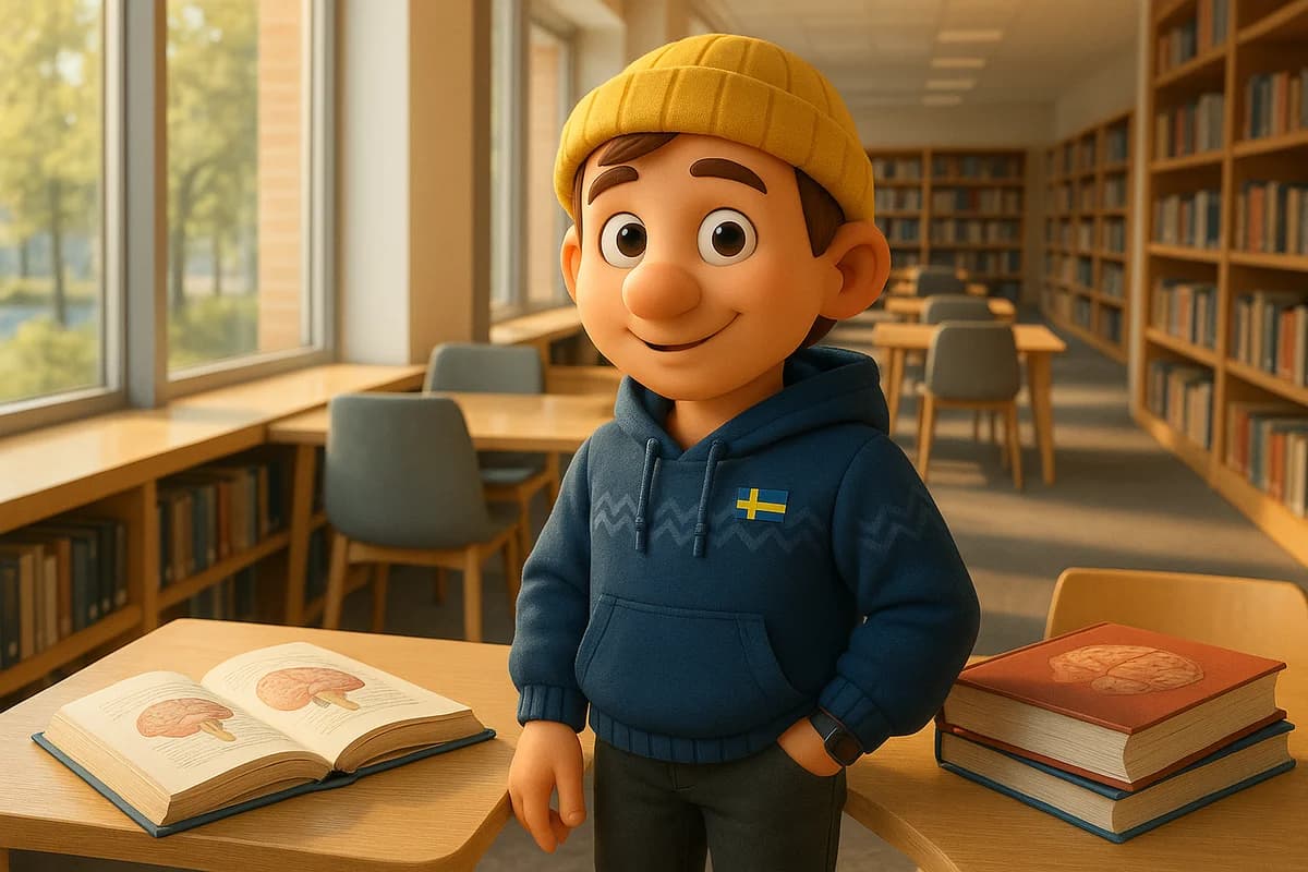 A 3D animated character in a modern neuroscience lab with brain scan displays and books