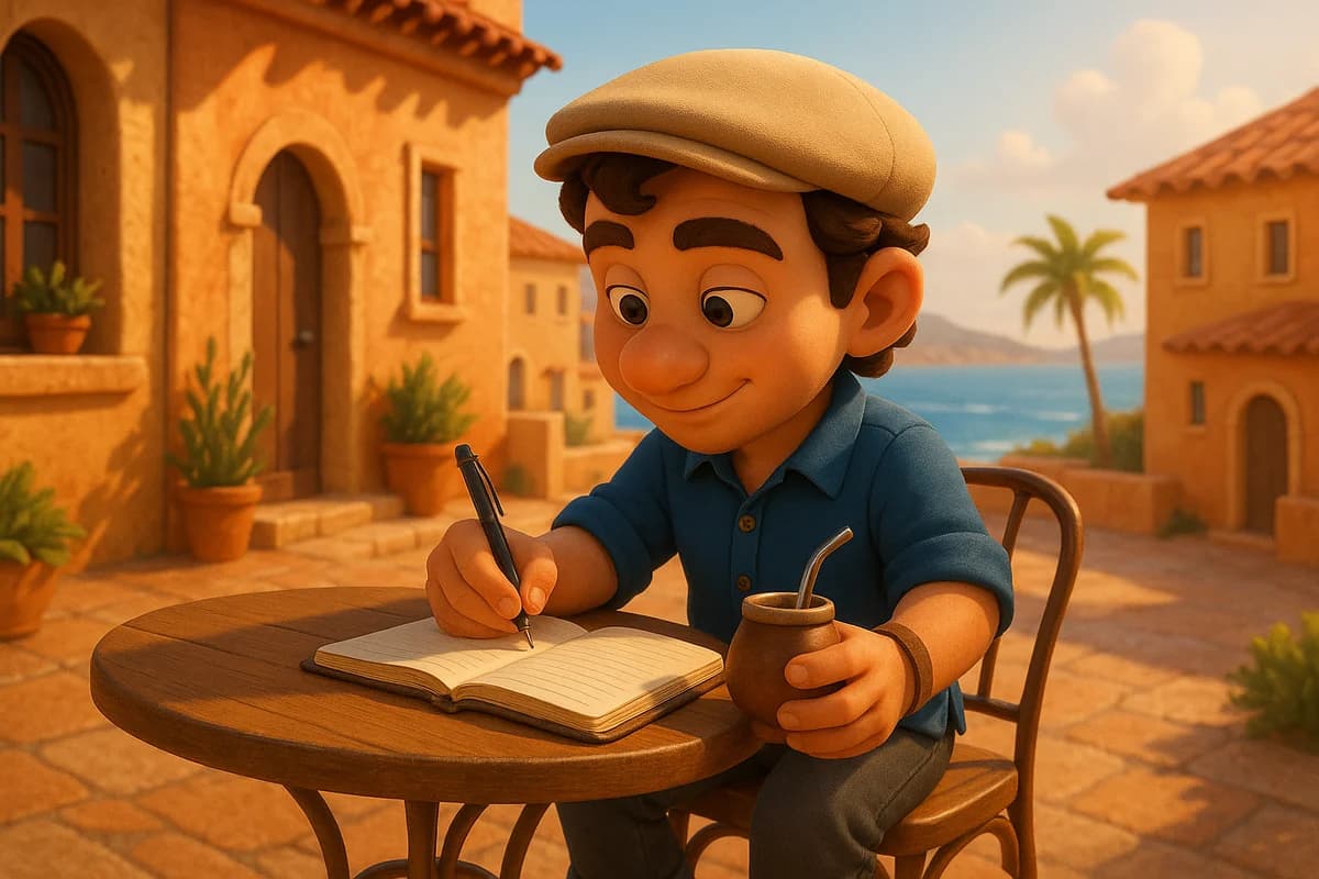 A 3D animated character writing in a planner at a sunny outdoor café with a scenic Mediterranean backdrop