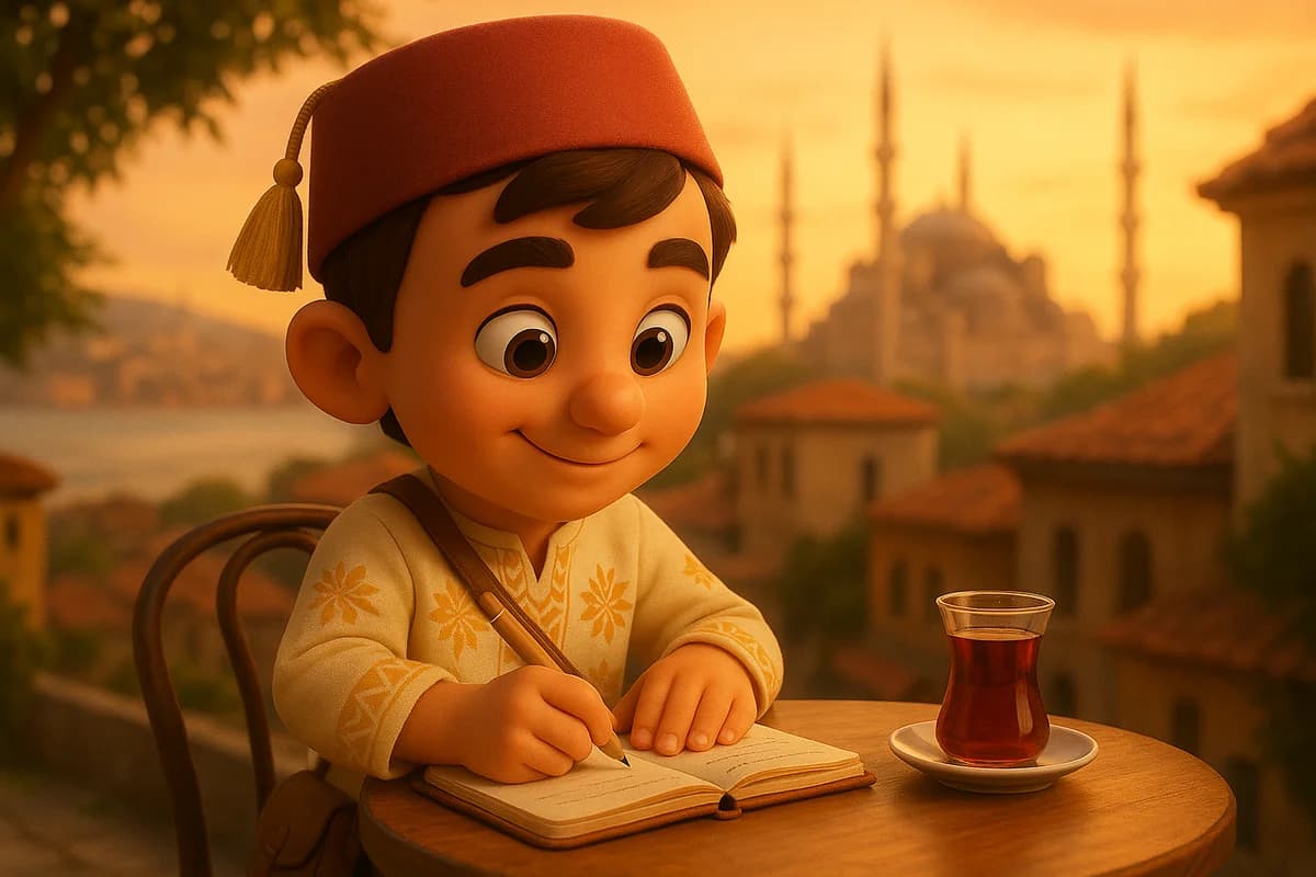 A 3D animated character writing in a planner at a sunny outdoor café with a scenic Mediterranean backdrop