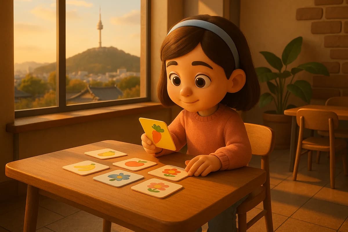 A 3D animated character reviewing colorful flashcards at a modern Seoul study cafe with Namsan Tower visible through the window