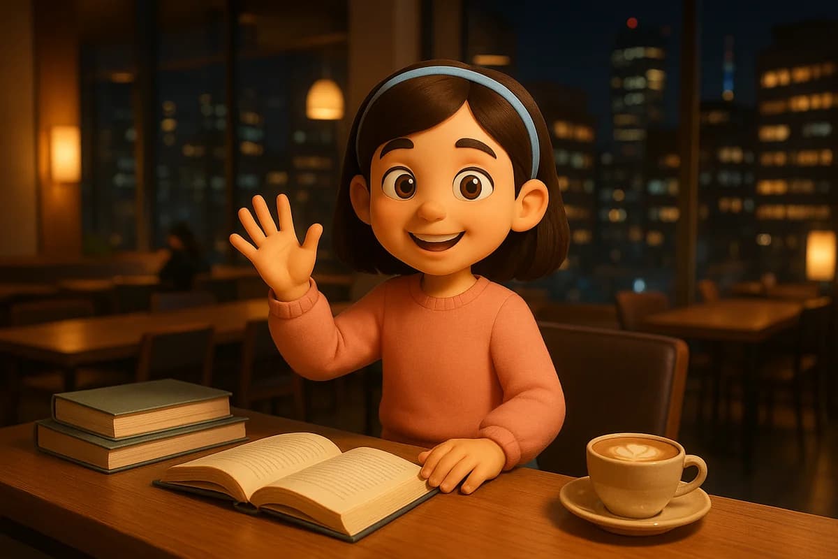 A 3D animated character reviewing colorful flashcards at a modern Seoul study cafe with Namsan Tower visible through the window