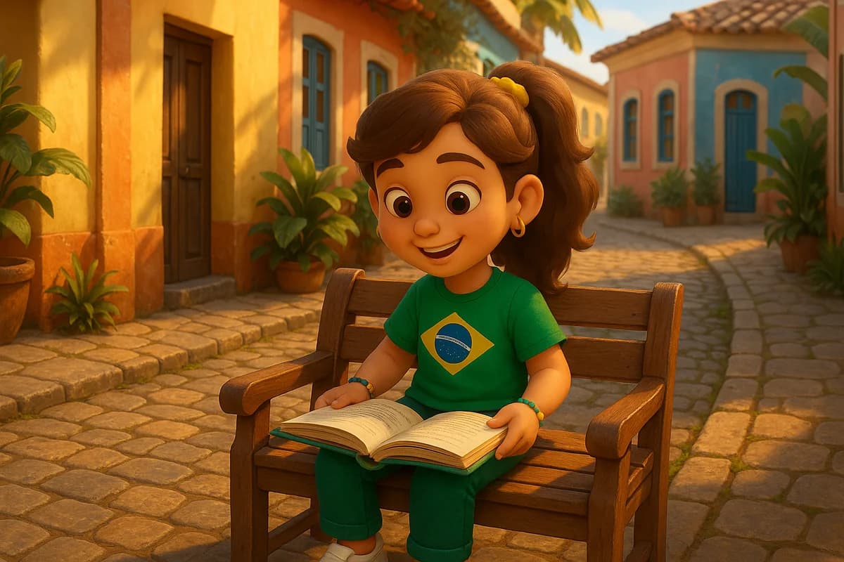 A 3D animated character reading a storybook on a bench in a colorful Brazilian colonial town with tropical gardens