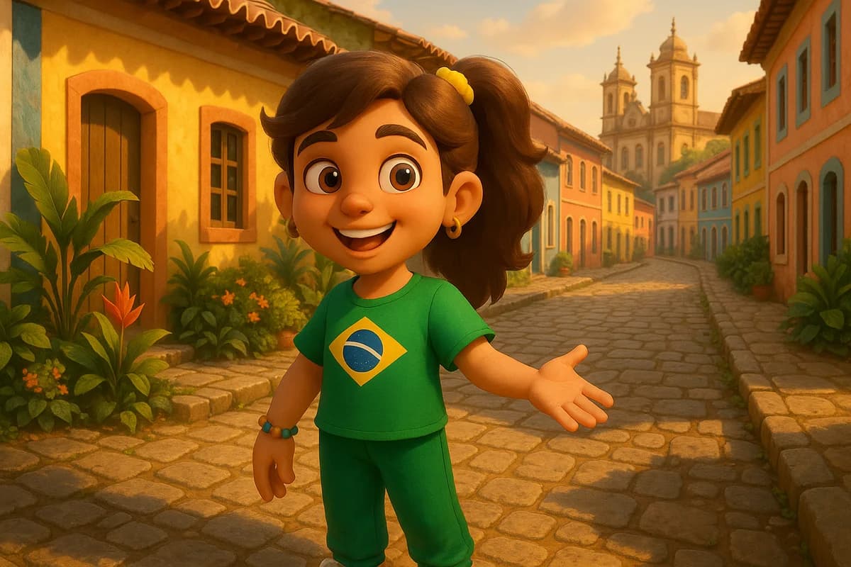 A 3D animated character reading a storybook on a bench in a colorful Brazilian colonial town with tropical gardens